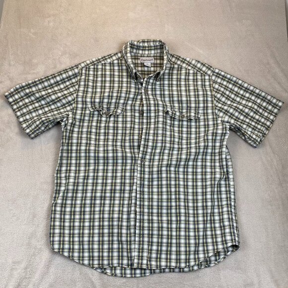 Carhartt Mens Shirt Size XL Plaid Short Sleeve Work Shirt Button Up Cotton Blue - Picture 9 of 10
